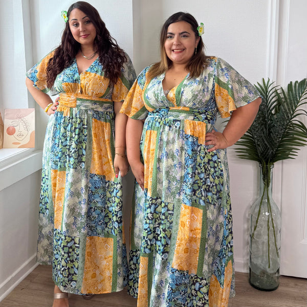Robe longue imprimé patchwork vert et orange