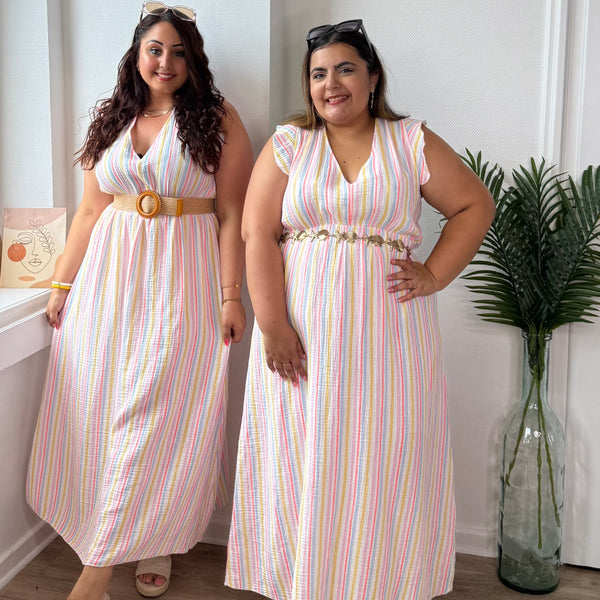 Robe longue à rayures pastel en gaz de coton