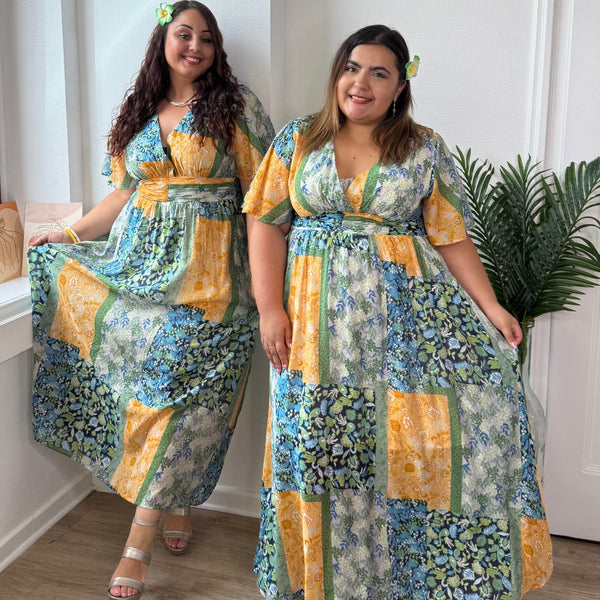 Robe longue imprimé patchwork vert et orange