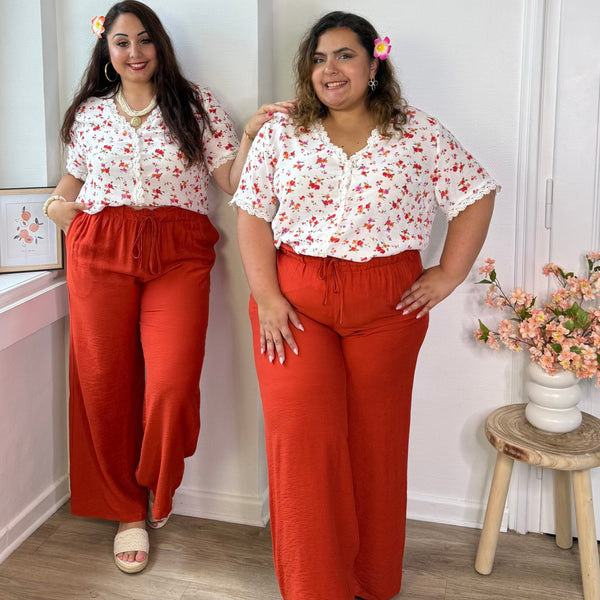 Pantalon fluide large terracotta à laçage ajustable