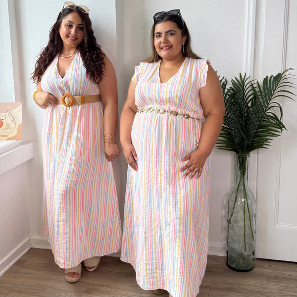 Robe longue à rayures pastel en gaz de coton